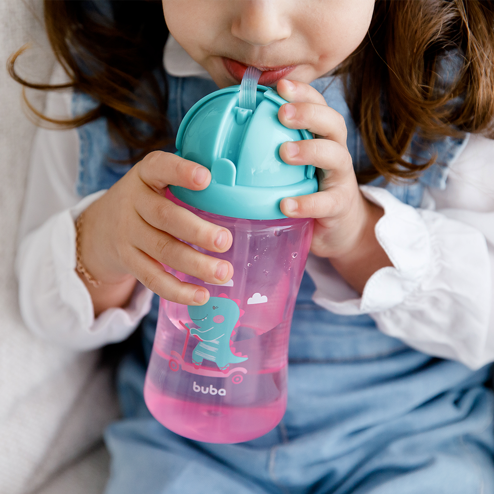 Garrafinha Infantil Buba Com Canudo 400ml - Dino Patinete Rosa