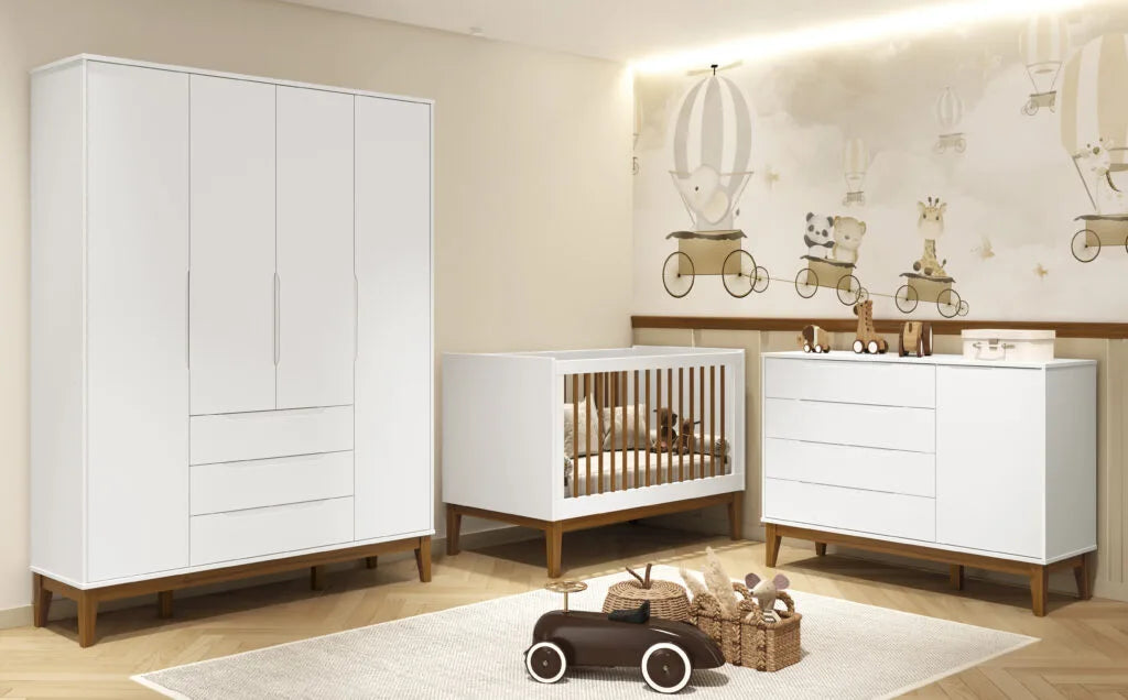 Quarto de Bebê Elfe Classic Reller | Guarda-Roupa 4 Portas, Cômoda e Berço Noah Wood - Branco Fosco