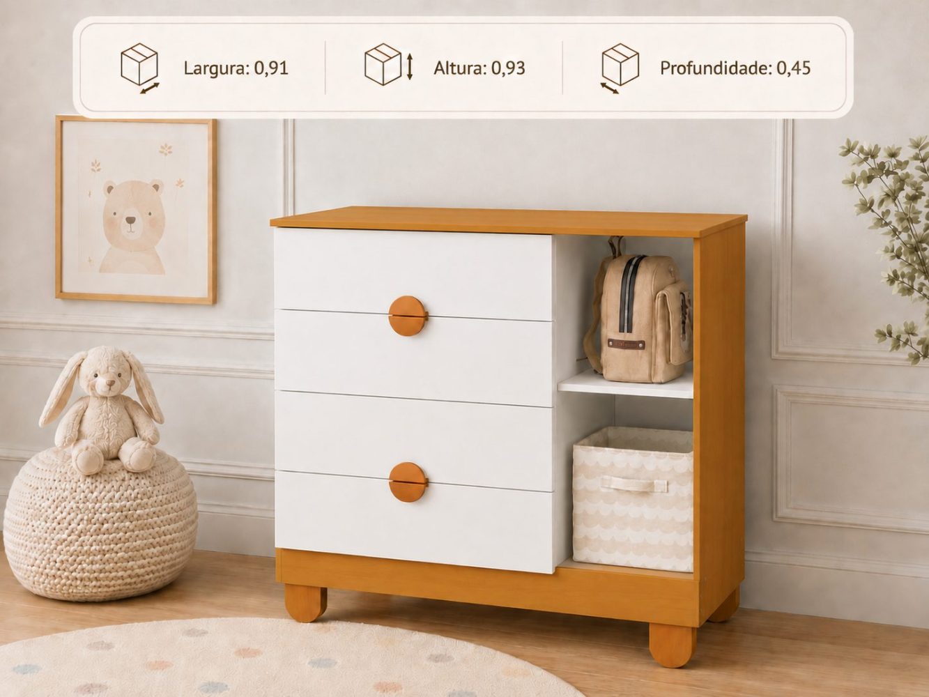 Quarto de Bebê Apolo Basic | Guarda-Roupa 3 Portas, Cômoda e Berço Reller - Branco Fosco Com Savana