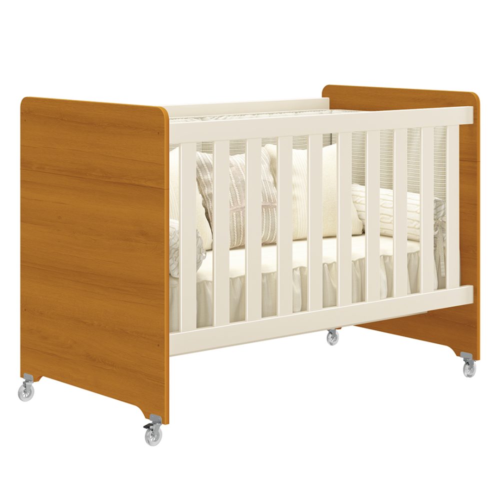 Quarto de Bebê Zaki Reller | Guarda-Roupa 4 Portas, Cômoda e Berço Evolutivo - Branco Fosco Com Savana