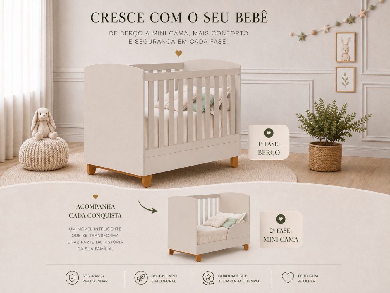 Quarto de Bebê Apolo Basic | Guarda-Roupa 3 Portas, Cômoda e Berço Reller - Areia Fosco