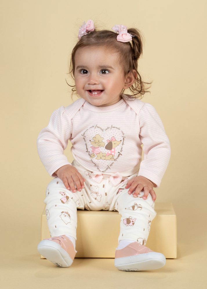 Conjunto Bebê Body Listras Com Strass Love Dog Friend e Calça