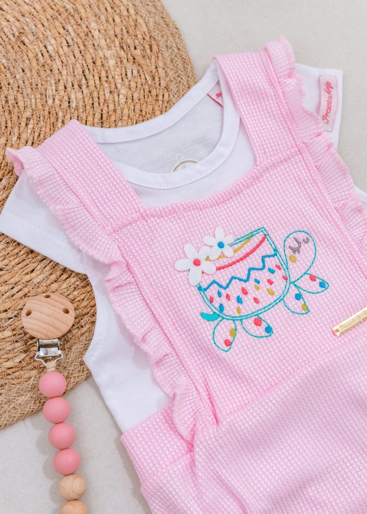 Conjunto Romper Bebê Rosa Com Bordado Tartaruga