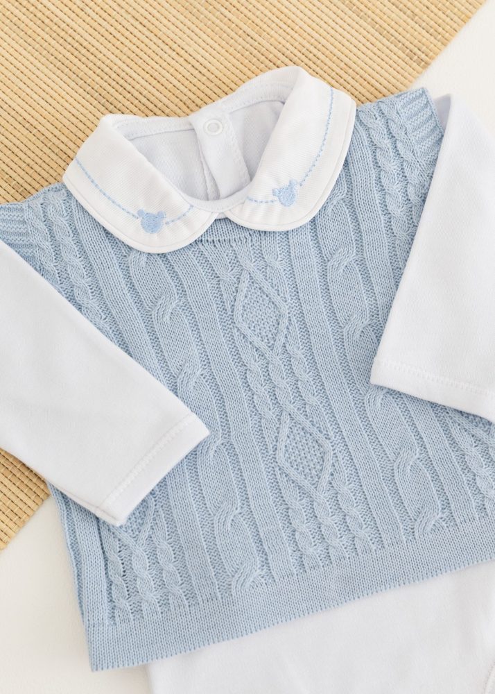 Conjunto Suedine Bebê Com Body, Calça e Colete em Tricot Azul Salinas