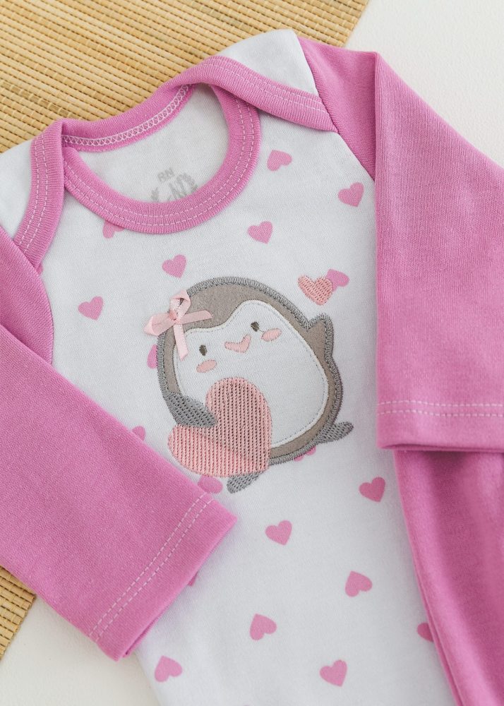Conjunto Suedine Bebê Body e Calça Rosa Pinguim