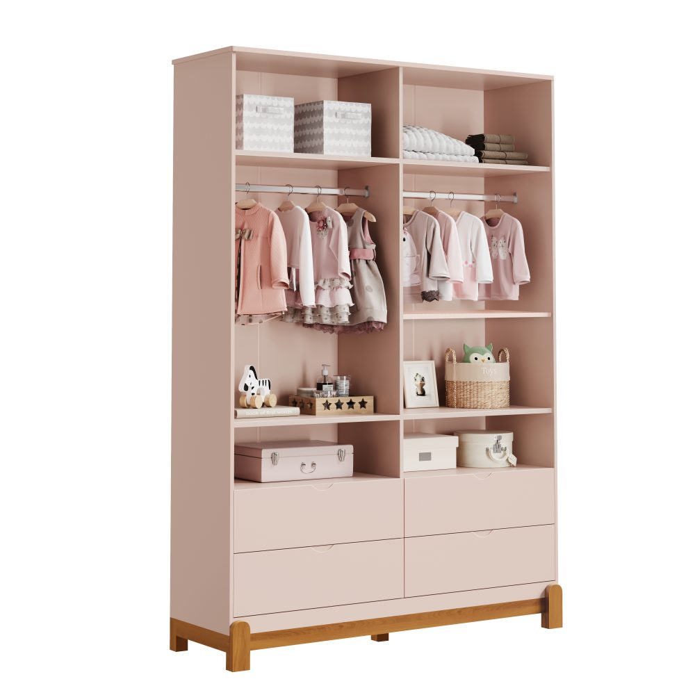 Quarto de Bebê Lotus Reller | Guarda-Roupa 4 Portas, Cômoda e Berço - Rosa Fosco