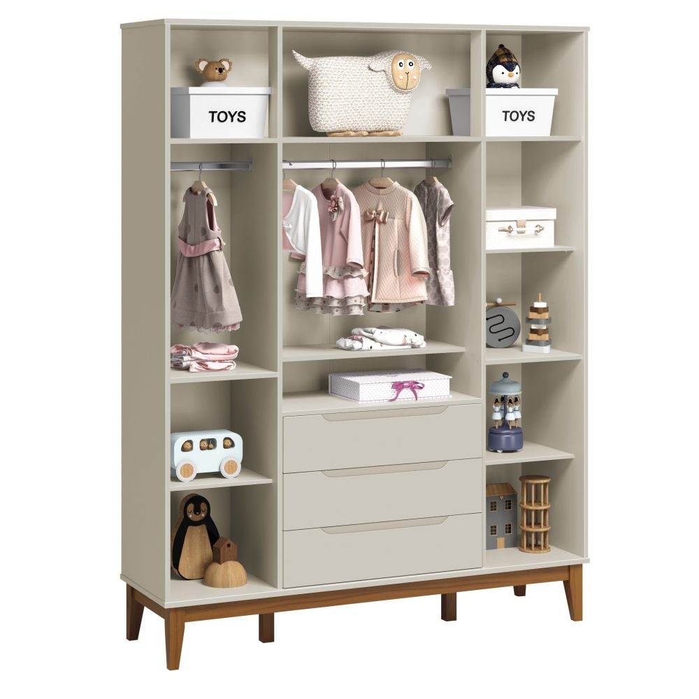 Quarto de Bebê Elfe Classic Reller | Guarda-Roupa 4 Portas, Cômoda e Berço Noah Wood - Areia Fosco