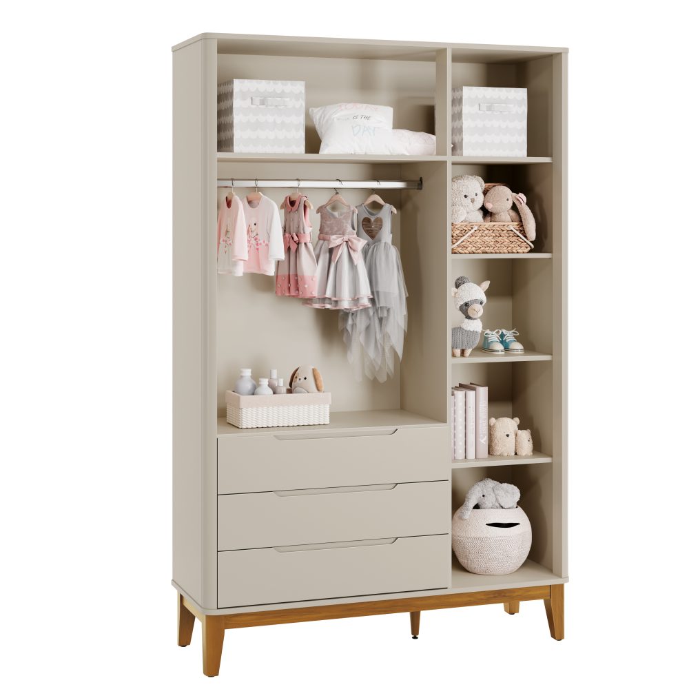 Quarto de Bebê Boom Slim Classic | Guarda-Roupa 3 Portas, Cômoda e Berço Reller - Areia Fosco