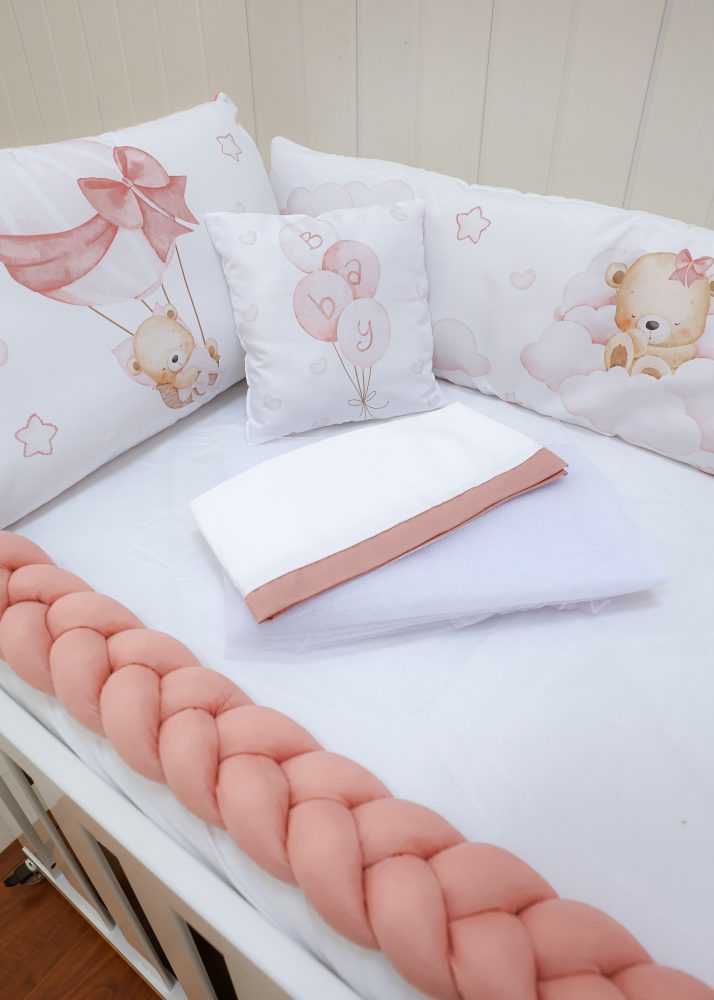 Kit Protetor de Berço 8 peças - Urso Balão Rosa