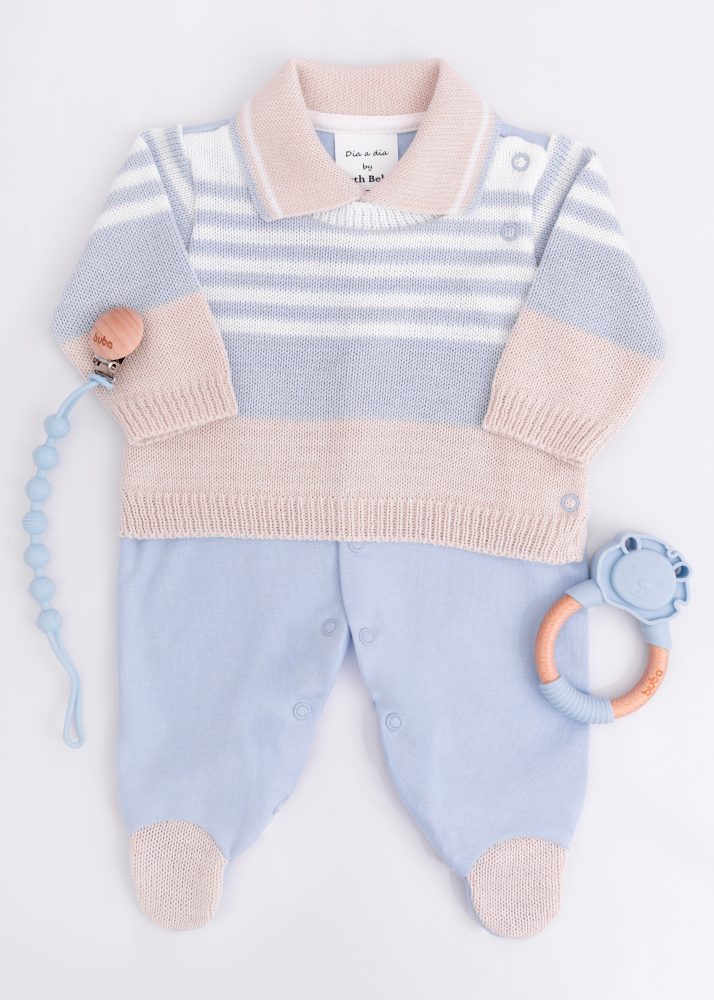 Macacão Bebê em Tricot e Suedine Azul com Listras
