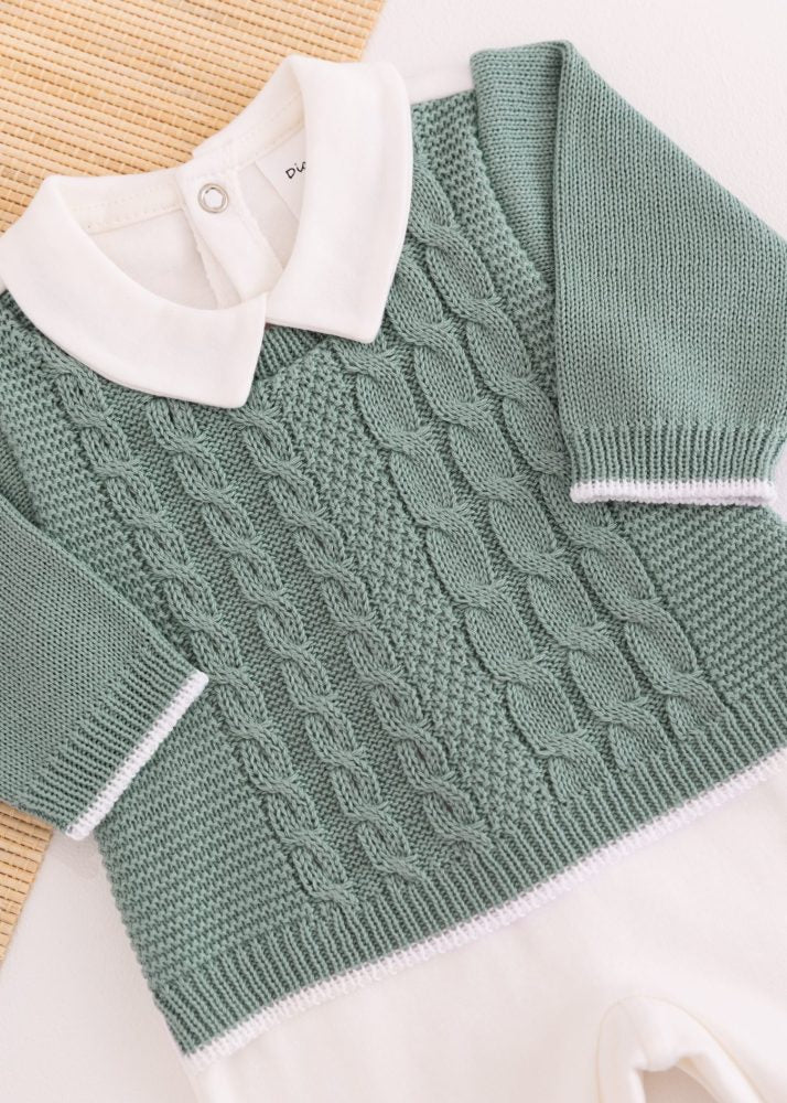 Macacão Bebê em Tricot e Suedine Verde Com Off