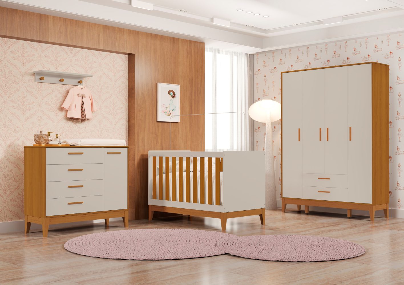 Quarto de Bebê Flip Reller | Guarda-Roupa 4 Portas, Cômoda e Berço - Areia Fosco Com Savana