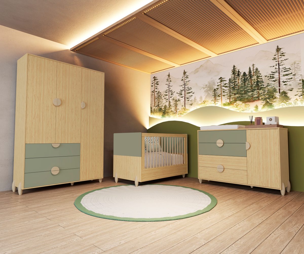 Quarto de Bebê Gracia Reller | Guarda-Roupa 3 Portas, Cômoda e Berço - Oliva Naturale