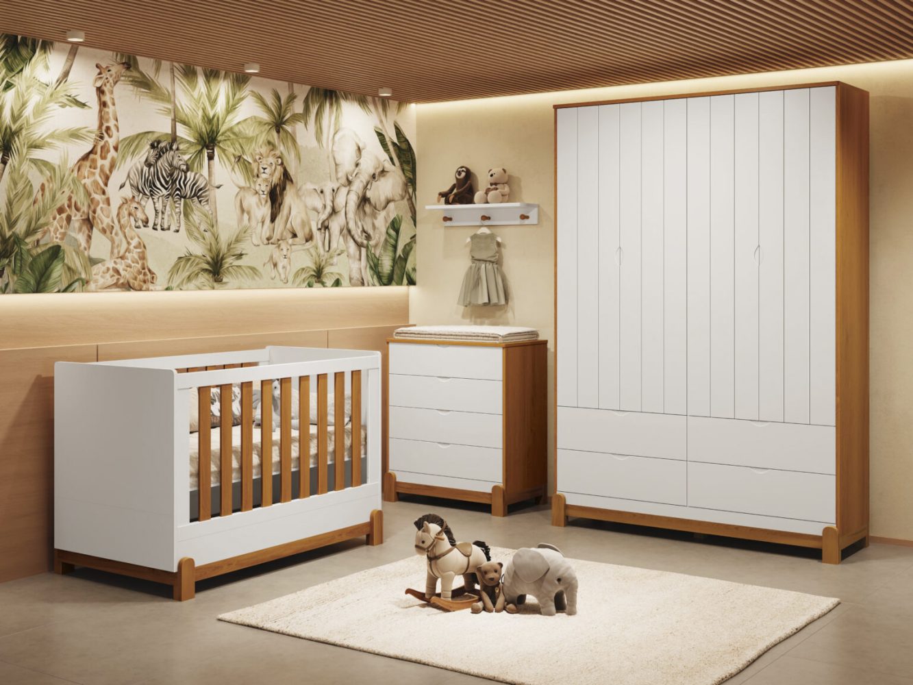 Quarto de Bebê Lotus Reller | Guarda-Roupa 4 Portas, Cômoda e Berço- Branco Fosco com Savana