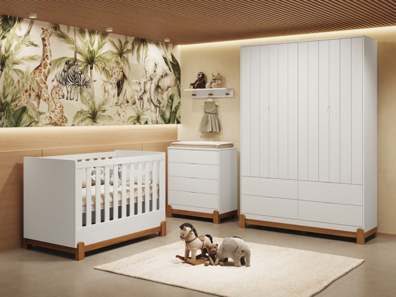 Quarto de Bebê Lotus Reller | Guarda-Roupa 4 Portas, Cômoda e Berço - Branco Fosco