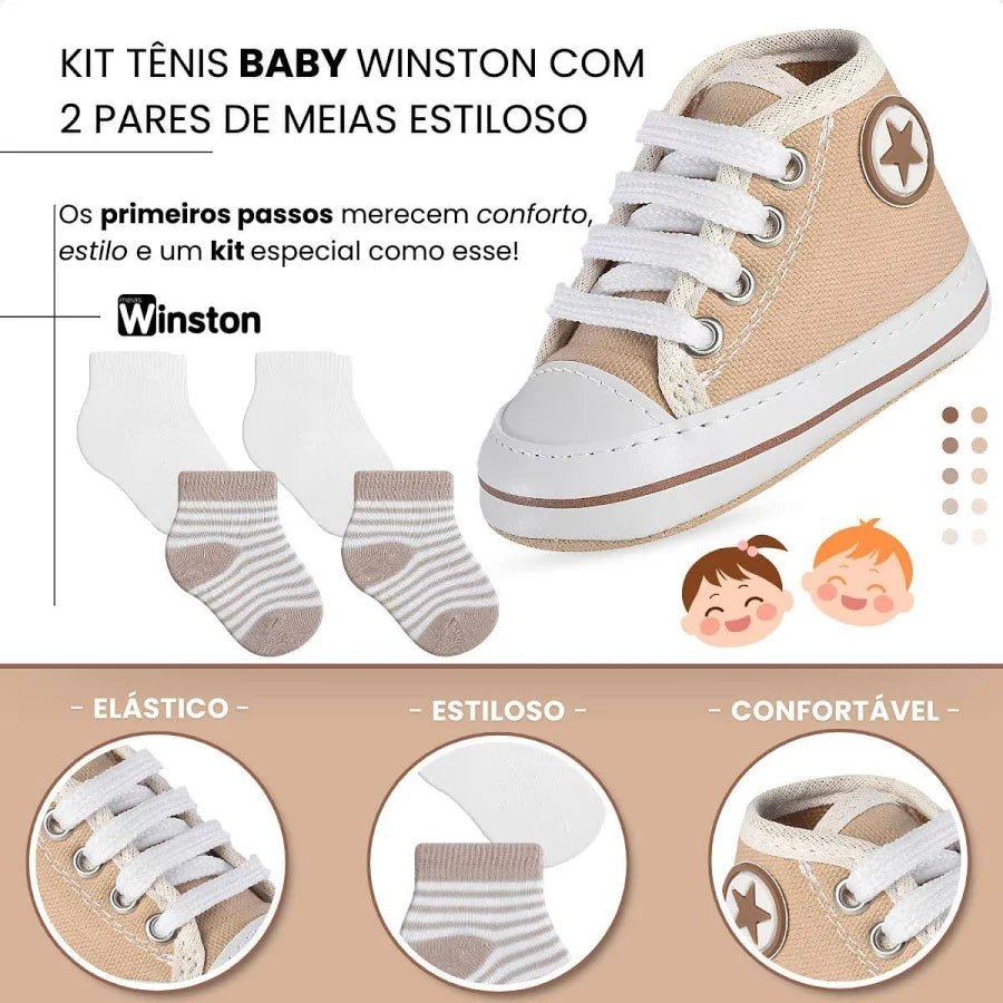 Kit Tênis Rosa Bebê Winston Com Meias