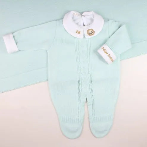 Saída De Maternidade Masculina Bebê Tricô 7 Peças Londres - ACOMPANHA BODY PERSONALIZADO Verde Água