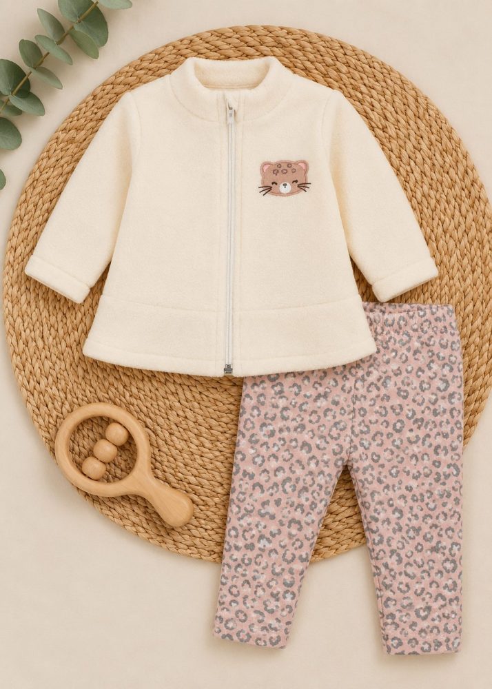 Conjunto Bebê Casaco Leopardo de Zíper Com Calça Animal Print