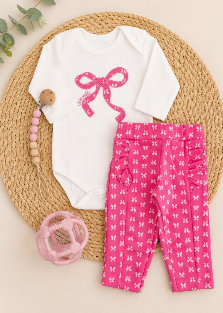 Conjunto Bebê Body Com Bordado Laço e Calça Rosa