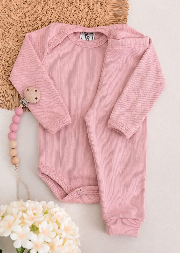 Conjunto Body Bebê Pagão Canelado Longo - Rose