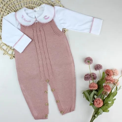 Saída De Maternidade Feminina Bebê Tricô Laura 7 Peças - ACOMPANHA BODY PERSONALIZADO À MÃO Rosê
