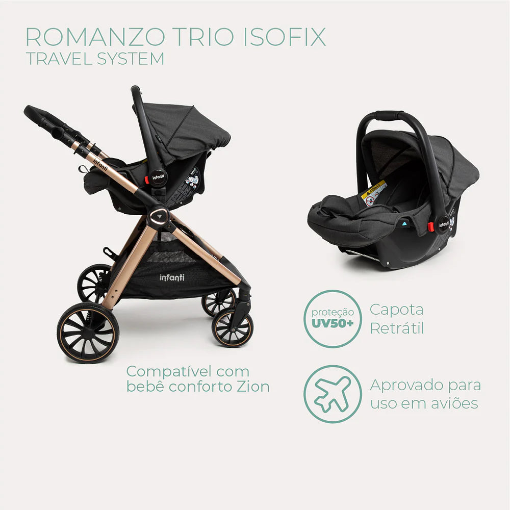Carrinho Infanti Romanzo Trio Base Isofix Preto Bronze
