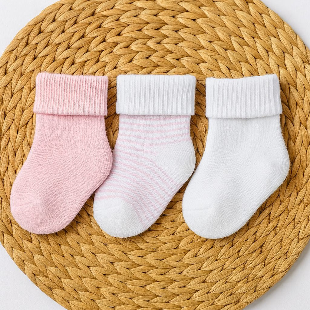 Kit 3 Meias Atoalhada Bebê Recém Nascido - Rosa Listrado