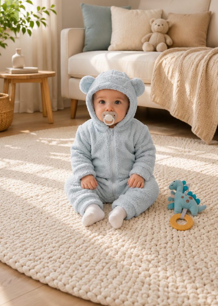 Macacão Bebê Peluciado Teddy Azul com Touca de Orelhinha