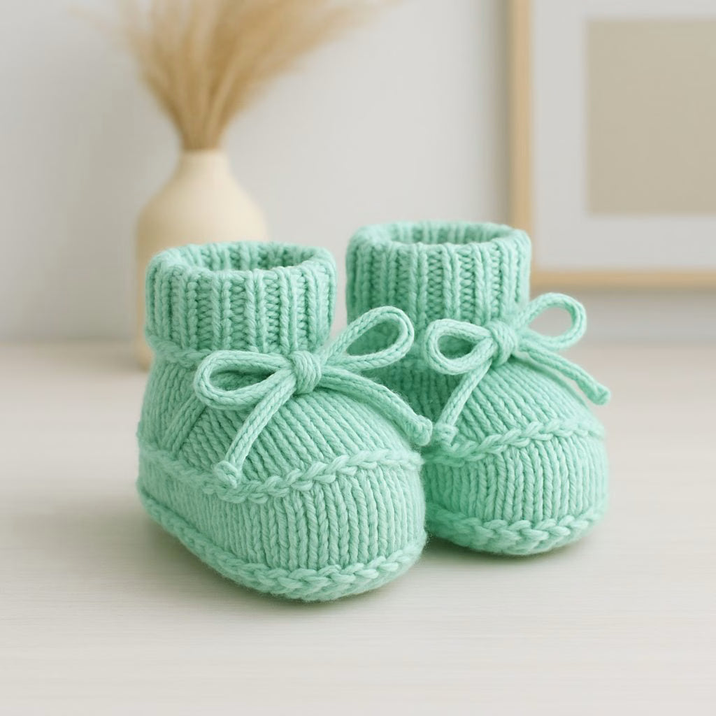 Sapatinho de Tricô Para Recém-Nascido - Verde com Cordão