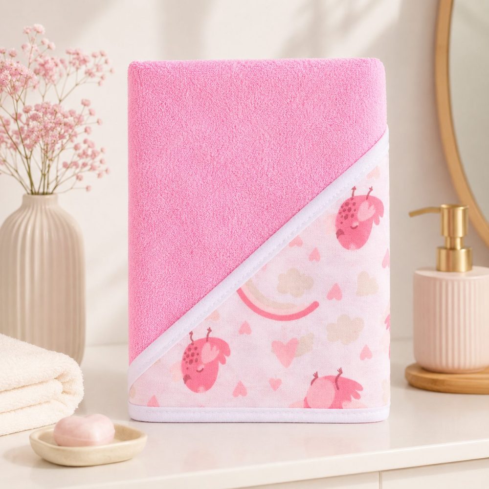 Toalha de Banho Bebê com Capuz - Passarinho Rosa