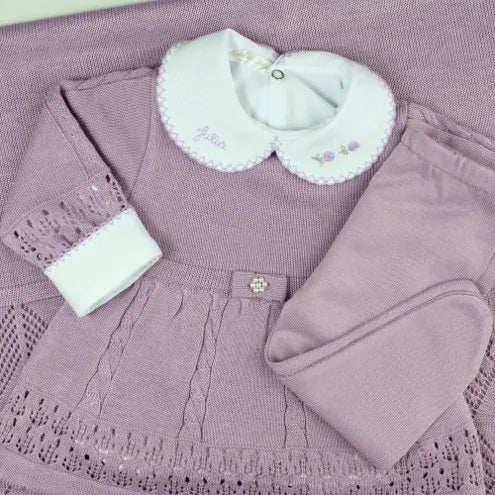 Saída De Maternidade Feminina Bebê Tricô 7 Peças Helena - ACOMPANHA BODY PERSONALIZADO À MÃO Lilás