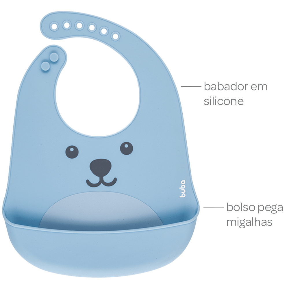 Babador de Silicone com Pega Migalhas Urso Azul Buba