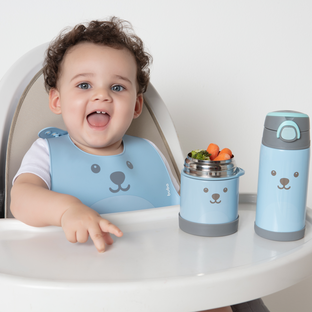 Babador de Silicone com Pega Migalhas Urso Azul Buba