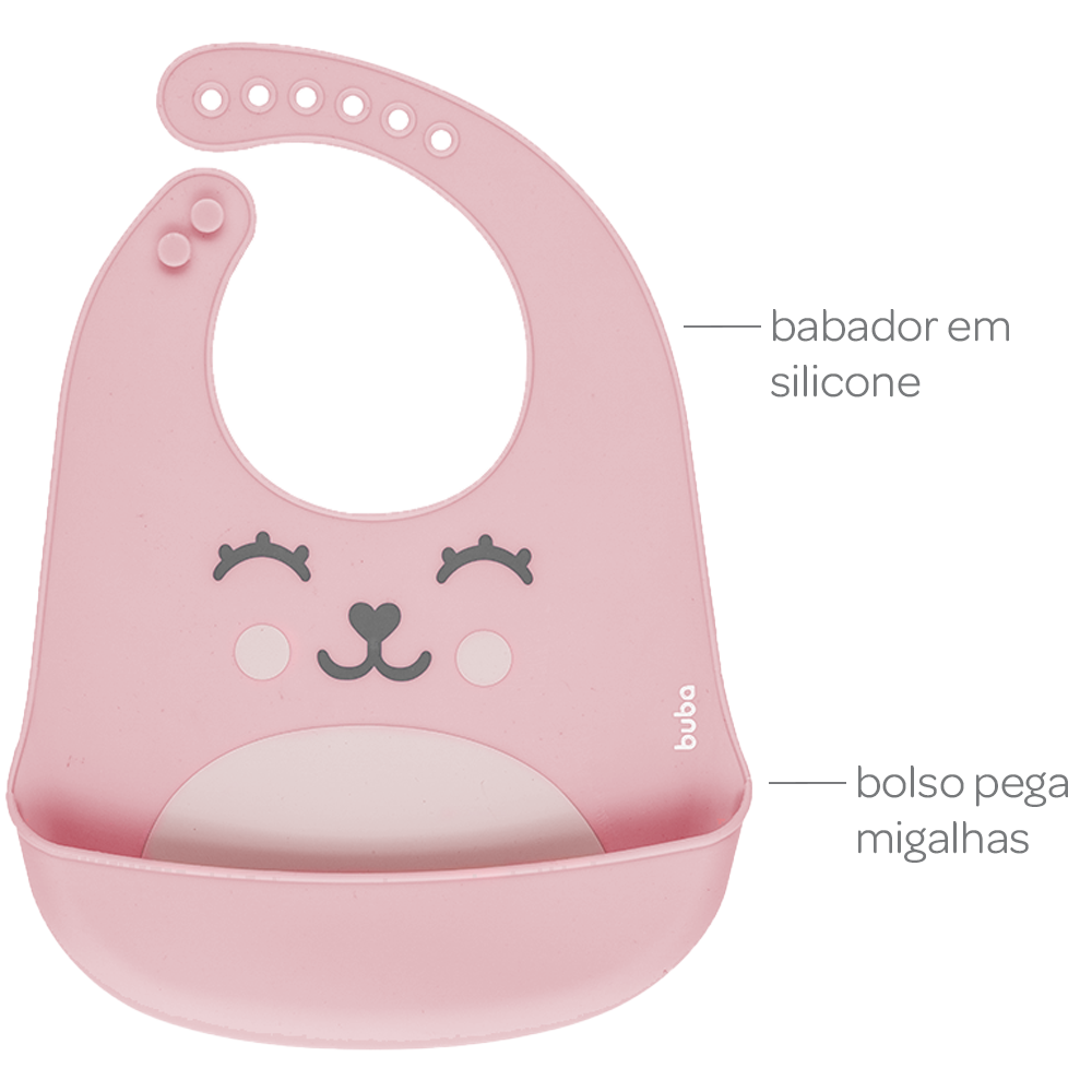 Babador de Silicone com Pega Migalhas Urso Rosa Buba