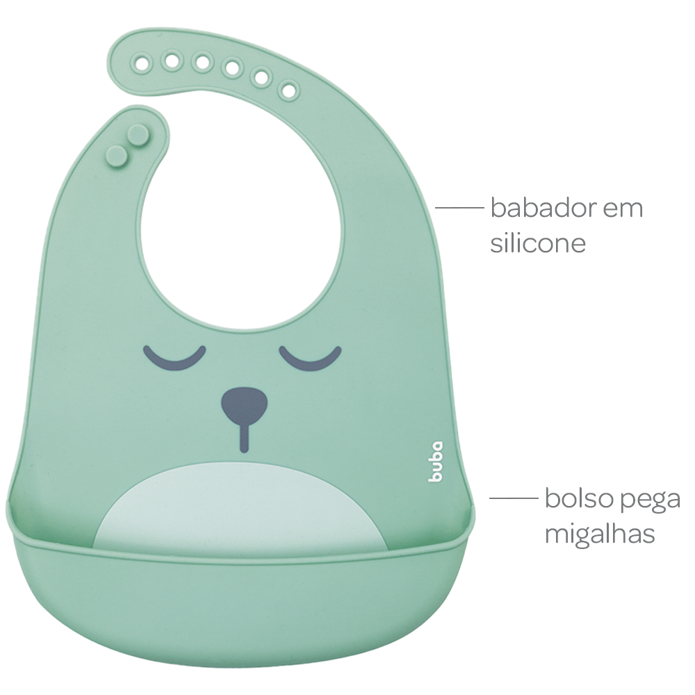 Babador de Silicone com Pega Migalhas Urso Verde Buba