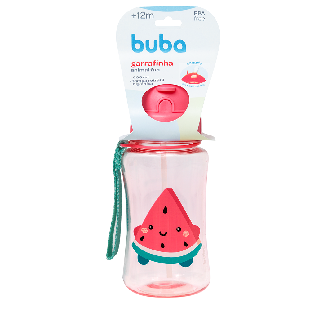 Garrafinha Infantil Animal Fun Buba Com Canudo 400ml - Melancia
