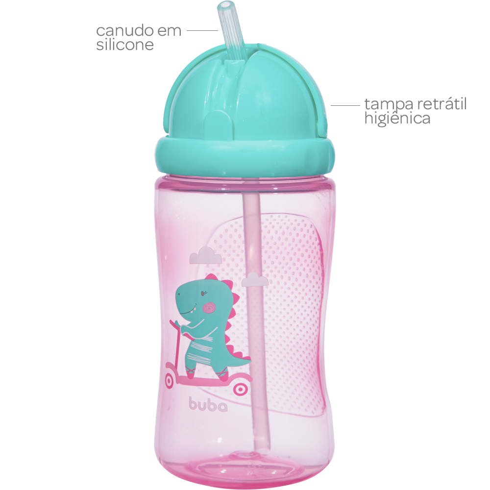 Garrafinha Infantil Buba Com Canudo 400ml - Dino Patinete Rosa