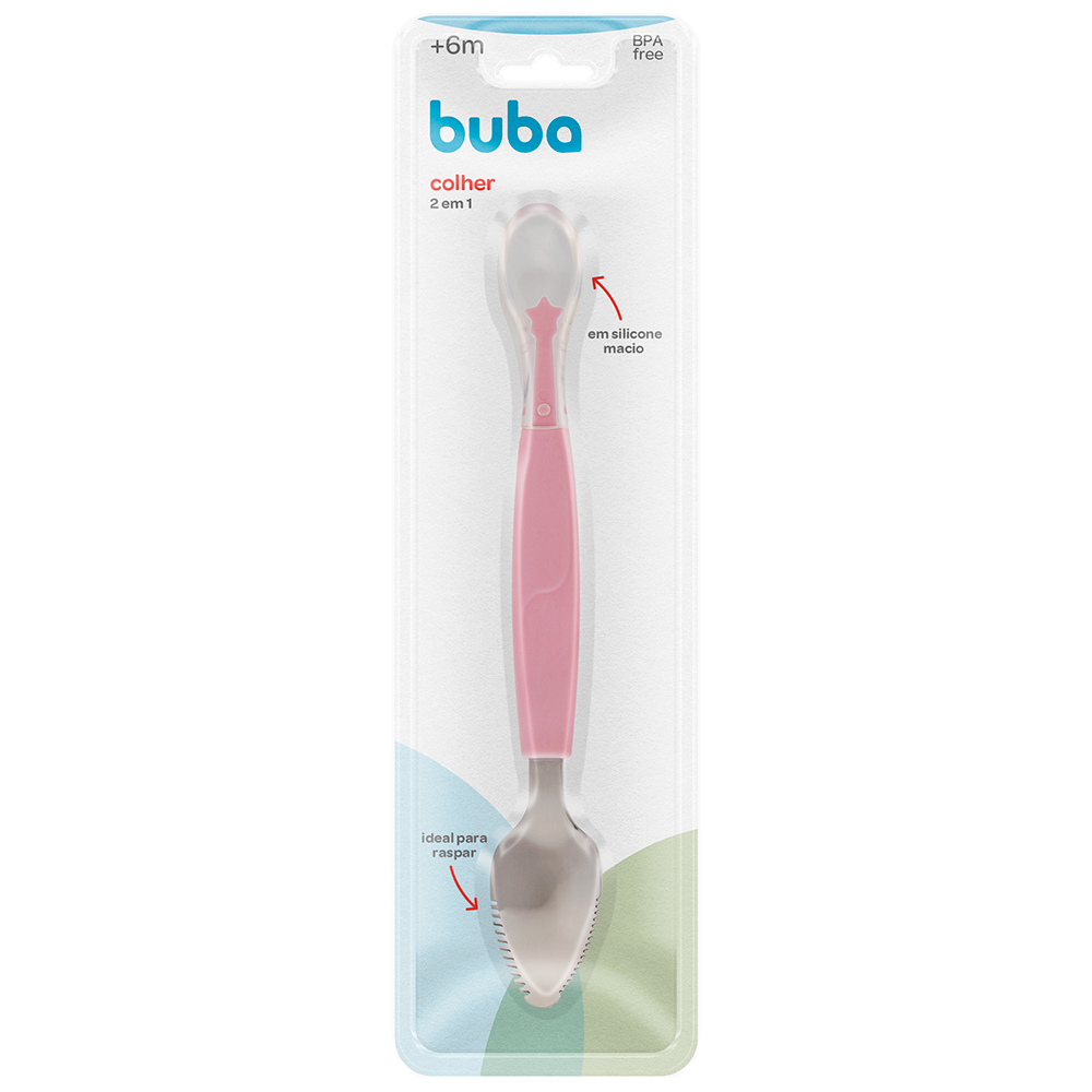 Colher 2 em 1 Infantil Rosa Buba para Introdução Alimentar