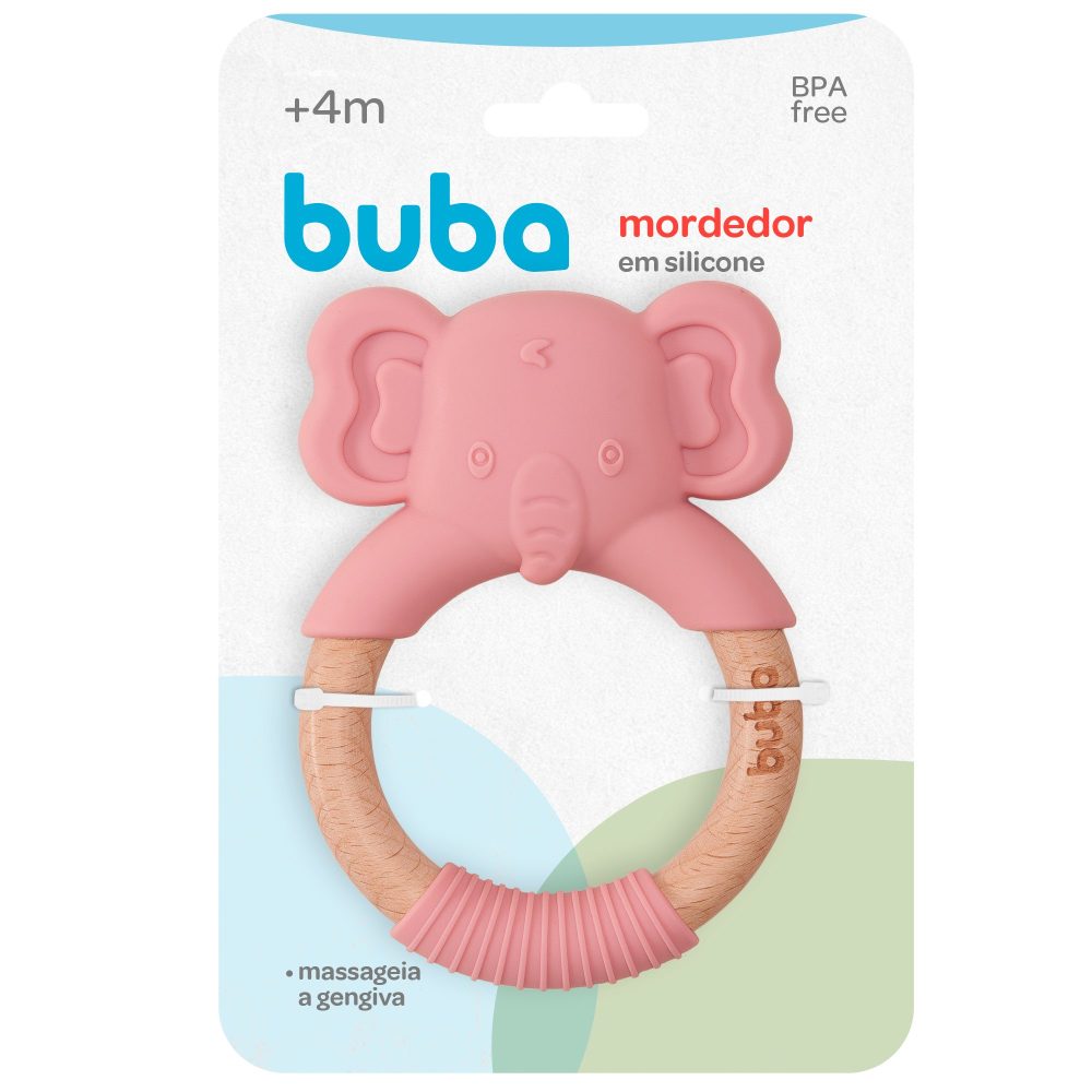 Mordedor Buba em Silicone e Bambu Elefante Rosa