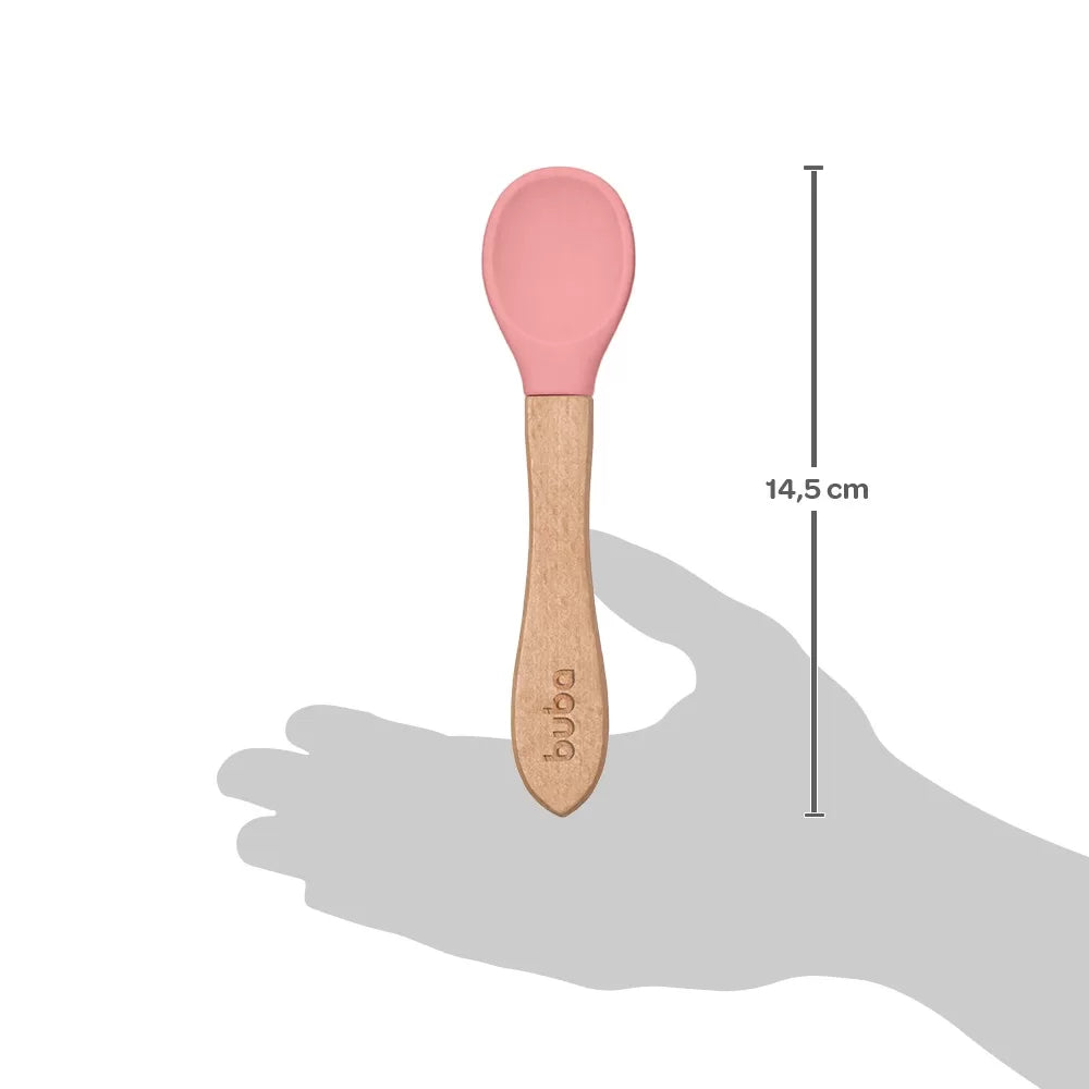 Colher Infantil de Silicone Rosa com Cabo de Bambu Buba