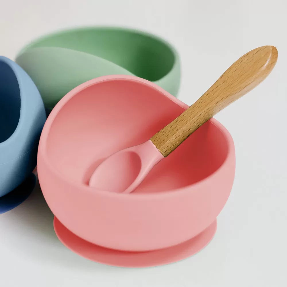 Colher Infantil de Silicone Rosa com Cabo de Bambu Buba