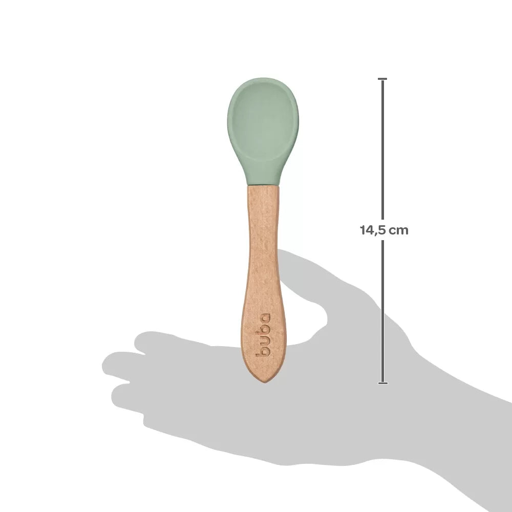 Colher Infantil de Silicone Verde com Cabo de Bambu Buba