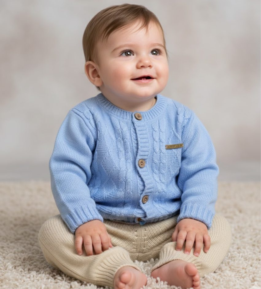 Conjunto de Tricô Bebê Candigan Azul com Calça Bege