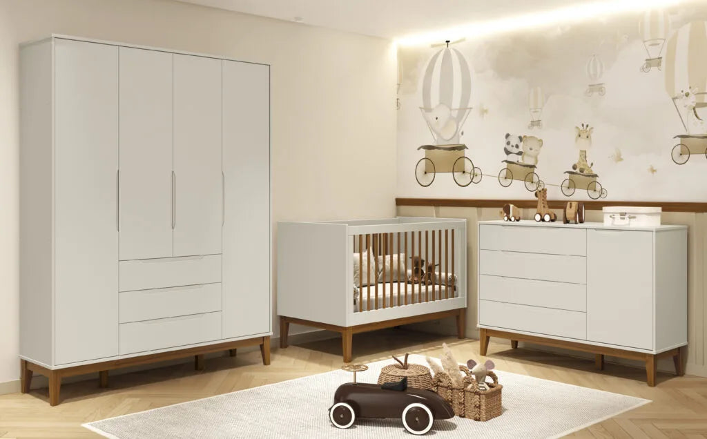 Quarto de Bebê Elfe Classic Reller | Guarda-Roupa 4 Portas, Cômoda e Berço Noah Wood - Areia Fosco