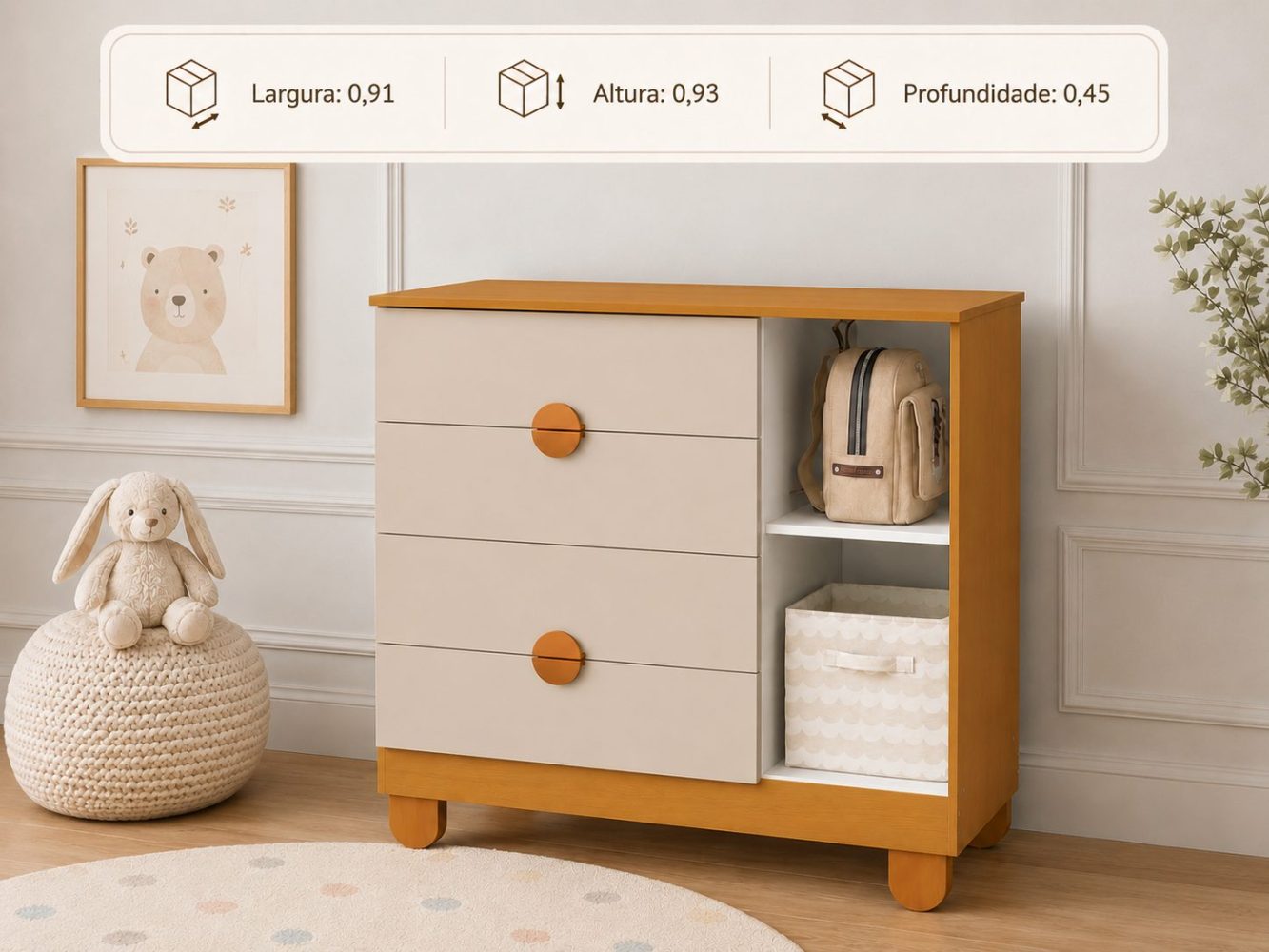 Quarto de Bebê Apolo Basic | Guarda-Roupa 3 Portas, Cômoda e Berço Reller - Areia Fosco Com Savana