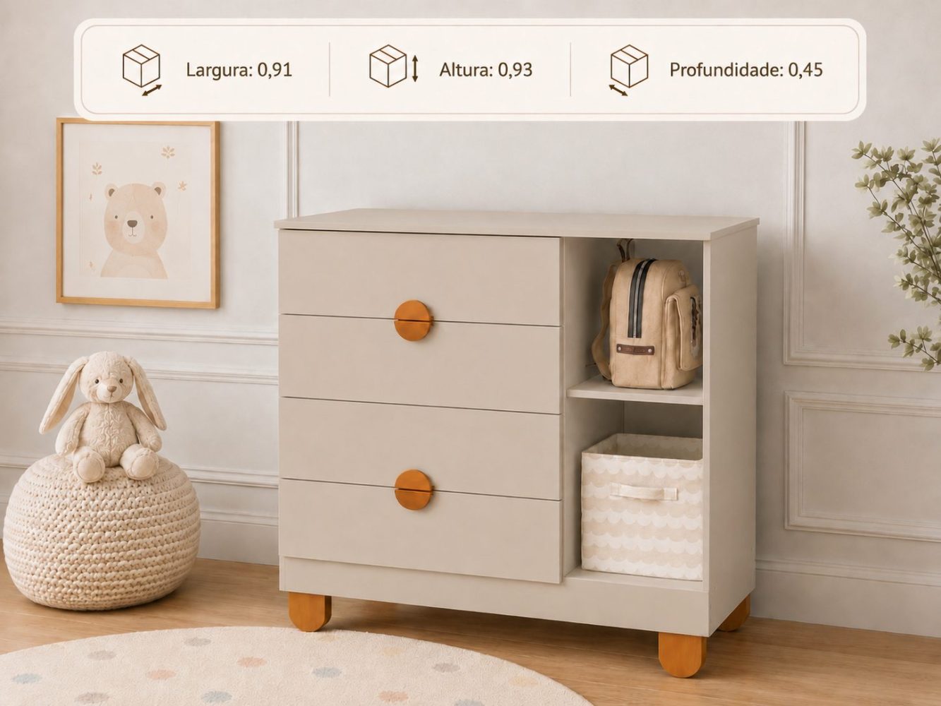 Quarto de Bebê Apolo Basic | Guarda-Roupa 3 Portas, Cômoda e Berço Reller - Areia Fosco