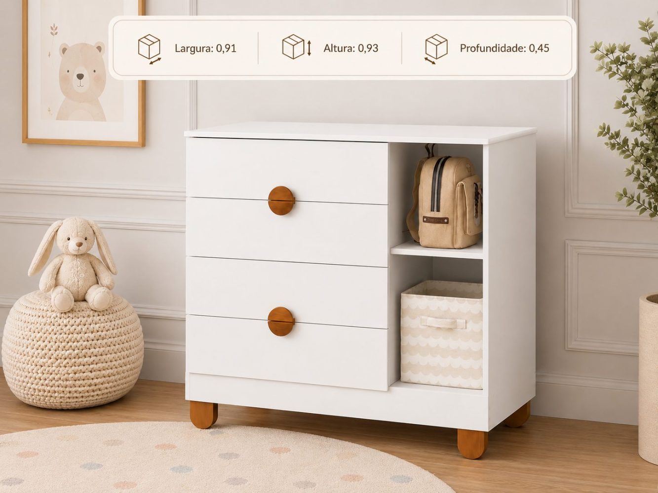 Quarto de Bebê Apolo Basic | Guarda-Roupa 3 Portas, Cômoda e Berço Reller - Branco Fosco