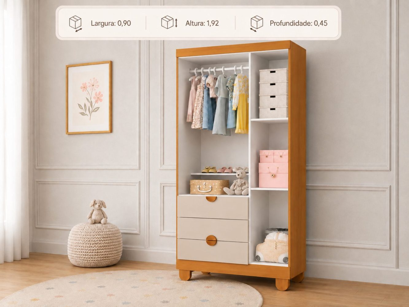Quarto de Bebê Apolo Basic | Guarda-Roupa 3 Portas, Cômoda e Berço Reller - Areia Fosco Com Savana