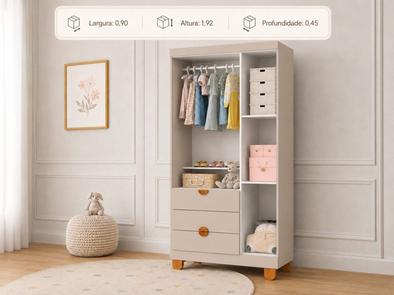 Quarto de Bebê Apolo Basic | Guarda-Roupa 3 Portas, Cômoda e Berço Reller - Areia Fosco