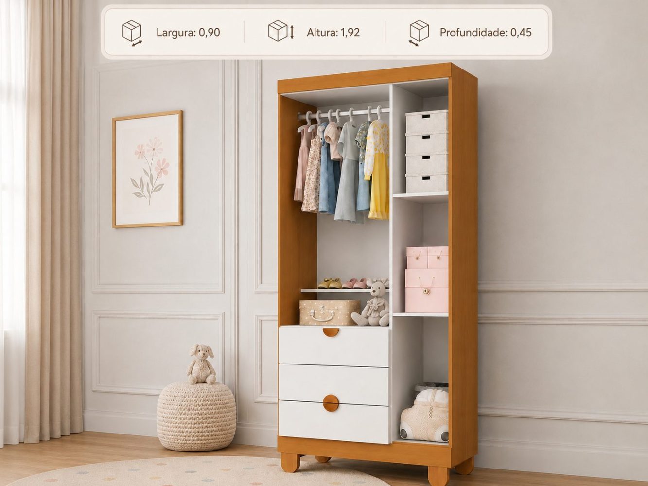 Quarto de Bebê Apolo Basic | Guarda-Roupa 3 Portas, Cômoda e Berço Reller - Branco Fosco Com Savana